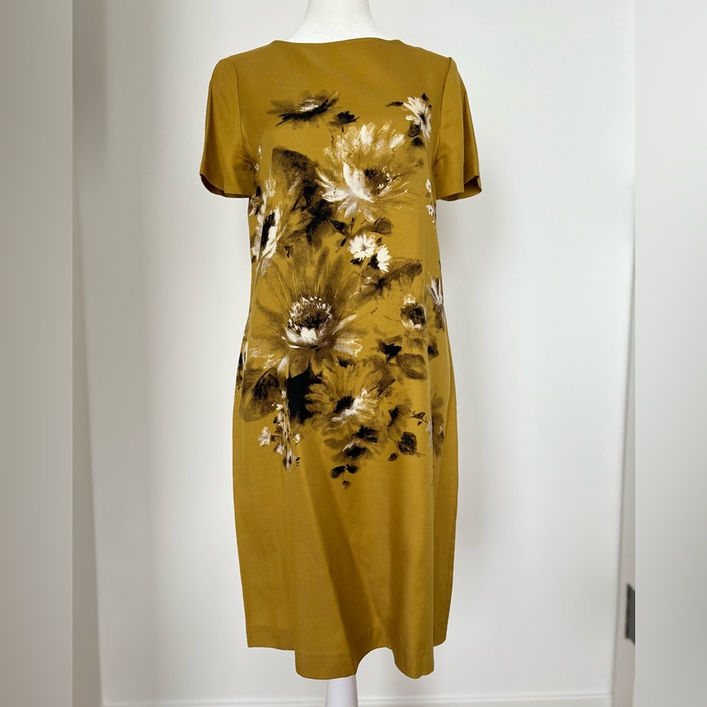 HOBBS London shift dress US Size 4 mustard yellow with floral black-white print